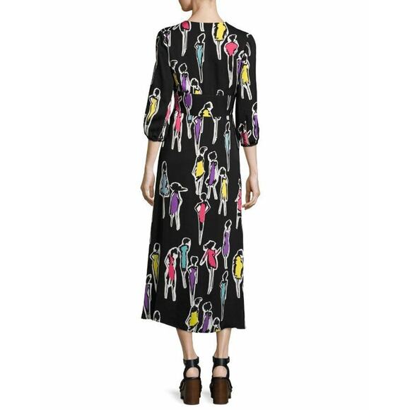 $725 Boutique Moschino Black Multi Print Crepe Midi Vneck Dress 38 US 4 NWT - Picture 2 of 16